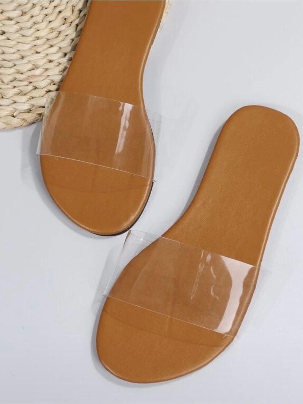 Clear-strap Brown Slide Sandals for Women